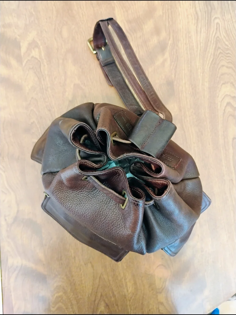 Fossil Dark Brown Pebble Grain Leather Drawstring Flap Bucket Backpack / Purse